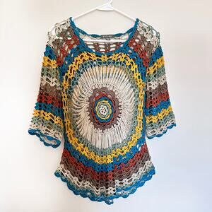 Bohemian Mandala Crochet Y2k Top Open Knit Boho Hippie Festival Sz S/M Shirt